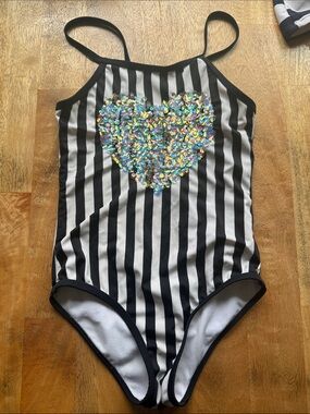 Justice Black and White Vertical Stripe One-Piece
